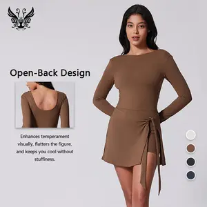 YIZHEN Women's Solid Color Brown Long-Sleeved Mini Sports Jumpsuit - Open-Back Design, Breathable Waist, Nylon Fabric, Stretchable Activewear for Fashion-Forward Ladies - Sports Clothes, Workout Gym Clothing, Yoga Jumpsuit