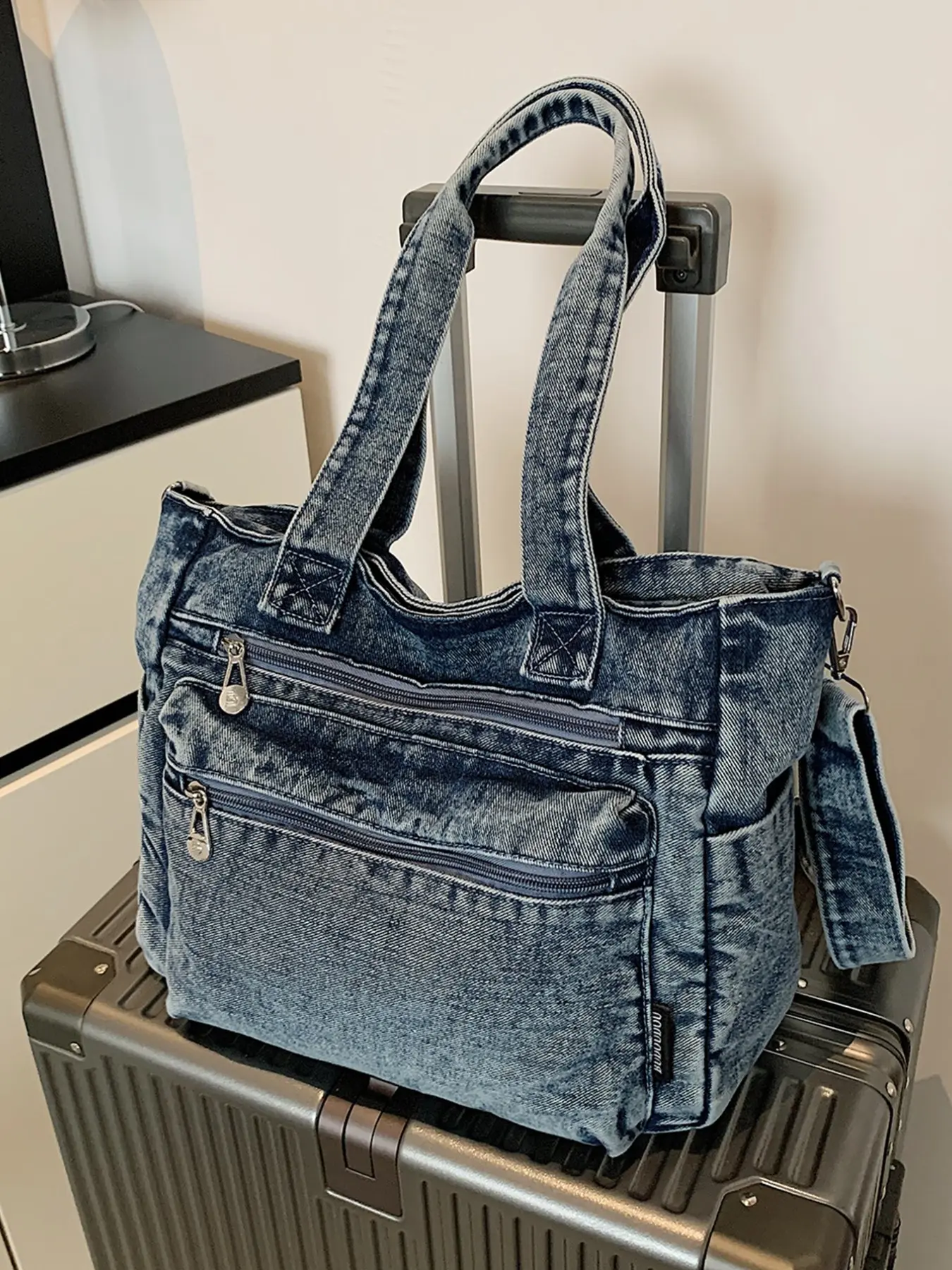 Denim Tote Bag, Crossbody Shoulder Bag, Handbag, Laptop Bag, Vintage Washed American Style, Fashion Crossbody Bag, Stylish Casual Bag, Large Capacity, Multiple Pockets, Unisex, Denim Shoulder Bags
