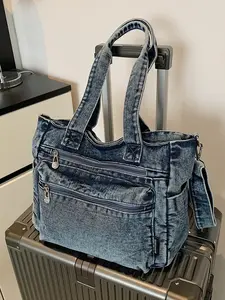 Denim Tote Bag, Crossbody Shoulder Bag, Handbag, Laptop Bag, Vintage Washed American Style, Large Capacity, Multiple Pockets, Unisex