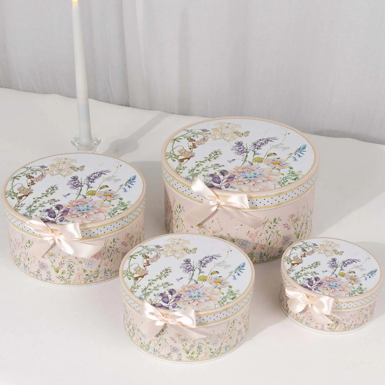 Blush Pink Round Heavy-Duty Gift Boxes (Set of 4) - Beautiful Cardstock Nesting Stackable Keepsake Boxes with Lids, 5in/7in/8in/9in, for Wedding Gift Giving, Retail Product Presentation, Item Storage