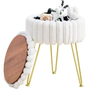 Round Storage Ottoman Modern Vanity Stool with Metal  Faux  Upholstery Cushioned Footstool for Extra Seating Small Side Table Footrest Stool Easy Assembly (White)