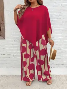 Women's Plus Size Two-Piece Set, Casual Matching Set, Loose Batwing Sleeve Top & Wide Leg Pants, Casual Summer Vacation, Comfortable and Stylish Outfit