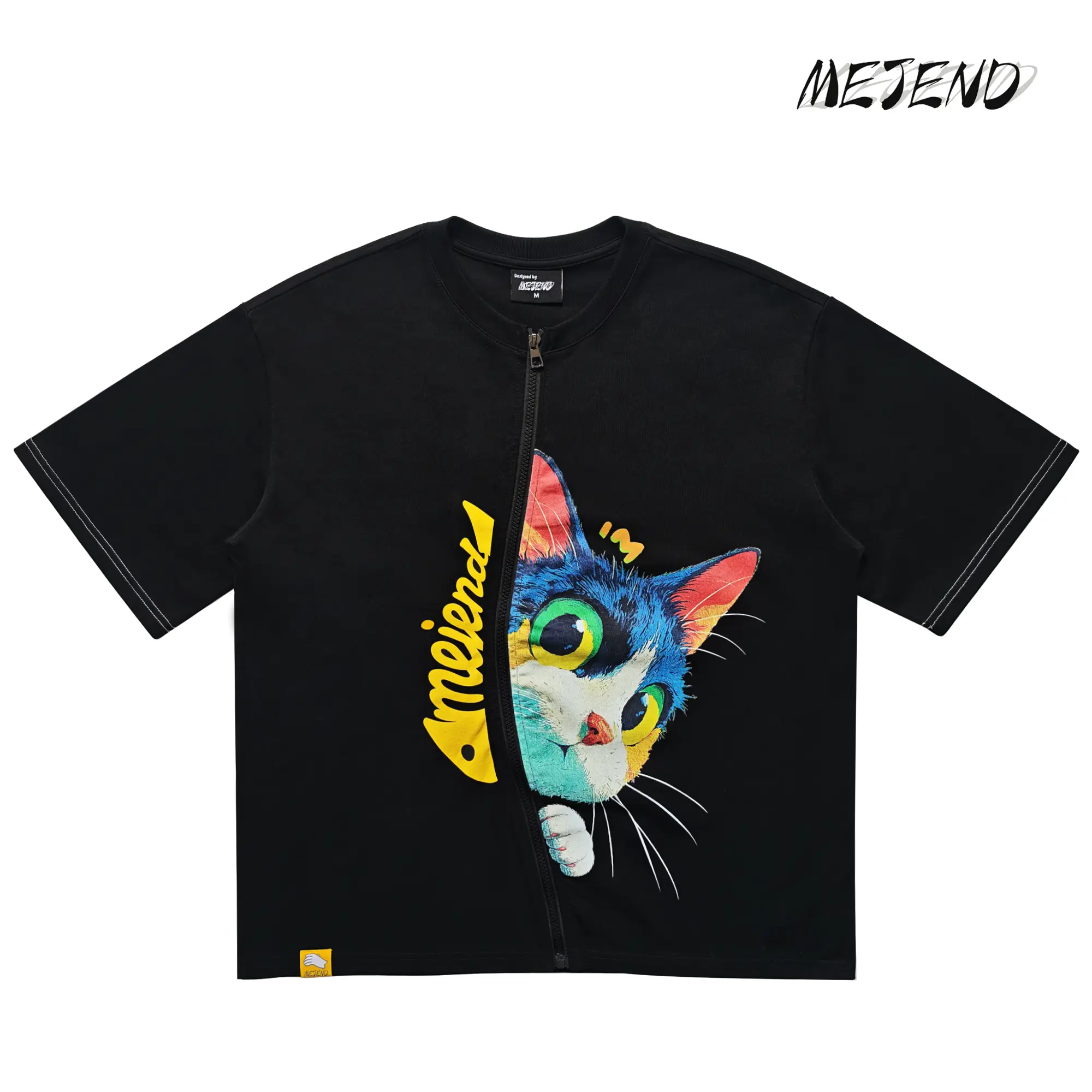 MeJend Zipper Short Sleeve T-Shirt, Creative Graphic Print, Novelty Tee, 12oz Heavyweight Cotton, Couple Outfit, Summer Layering, Cat Graphic Unisex