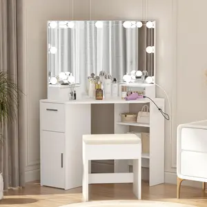 【GARVEE】Corner Vanity Mirror with Lights and Table Set & Power Outlet, Makeup Vanity Table with Lights with 2 Drawers & Stool, 3 Ligthing Color Vanity Desk, White