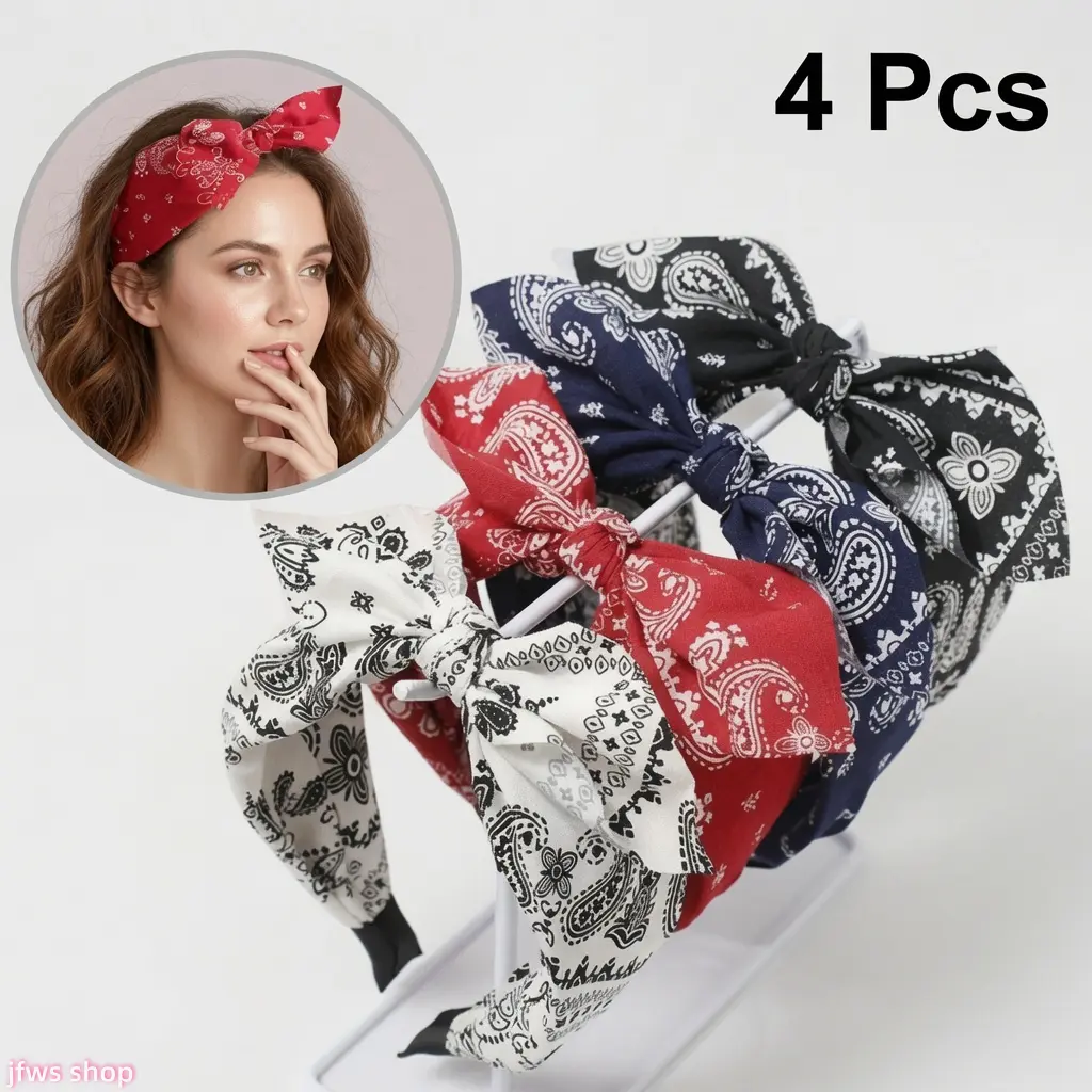 4 Pack 2026 New Vintage Paisley Bow Knot Wide Headband for Women with Bunny Ears Design Retro Hair Accessory Lightweight Comfortable for Daily Wear Party Gift Light Luxury Cute Cool US Design homedecor