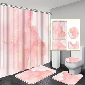 1/4pcs Pink and gold marble patterned shower curtain set, non-slip mat, U-shaped rug, toilet seat cover, perfectly suited for bathroom decoration, partitioning, and beautifying the space. Includes 12 shower curtain hooks. Bathroom Decoration Accessories
