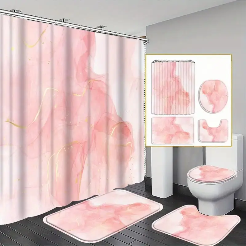 1/4pcs Pink and gold marble patterned shower curtain set, non-slip mat, U-shaped rug, toilet seat cover, perfectly suited for bathroom decoration, partitioning, and beautifying the space. Includes 12 shower curtain hooks. Bathroom Accessory