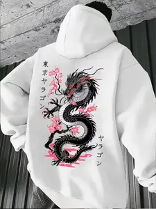 Men's Dragon & Cherry Blossom Graphic Print Hoodie, Casual Loose-Fitting Long Sleeve Sweatshirt for Spring & Fall, Stylish Pocketed Hooded Top, Casual Hoodie Pullovers