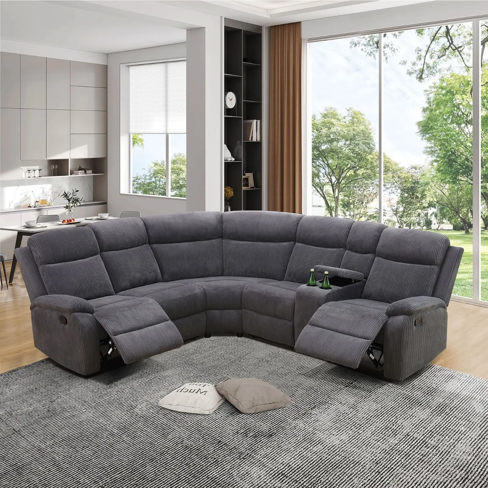 Dark Grey Stripe Cotton 3-Piece Reclining Sofa Set for Living Room, Tropical Indoor Furniture with High-Density Foam, Thick Stuffed Texture, Soft Handfeel and Luster