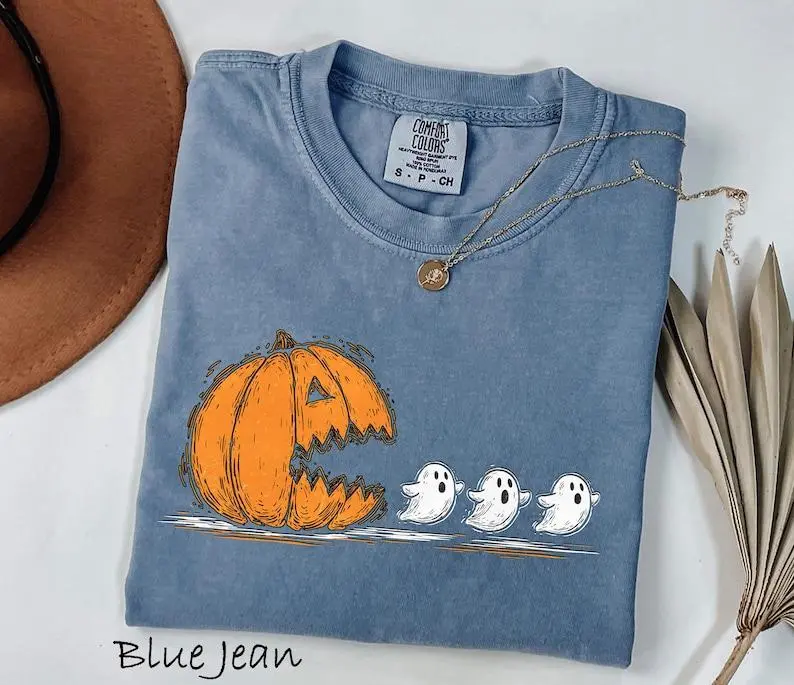 Comfort Colors Halloween Pumpkin Eat Ghosts Shirt, Funny Halloween Shirt, Halloween Gamer Gift, Halloween Party Tee,Pumpkin Pac Man T-Shirt