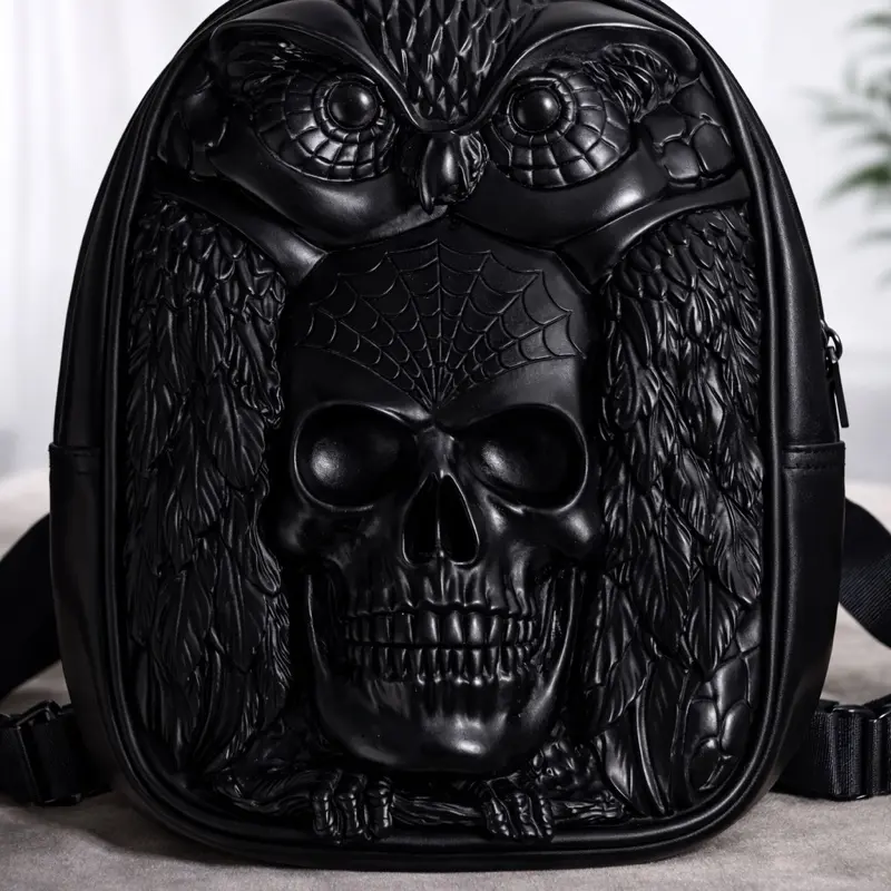 Owl Reaper Pack SKU 3218 Drip Black Gothic Aesthetic Carry Backpack - Deep 3D Sculpt, Layered Wings, Skull & Owl Design, Functional Luggage Bag for Adults