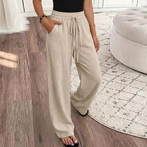 Women’s summer wide-leg pants — high-waisted, drapey, loose straight cut, lightweight linen, drawstring casual long pants — suitable for everyday wear, commuting, home, and relaxing.