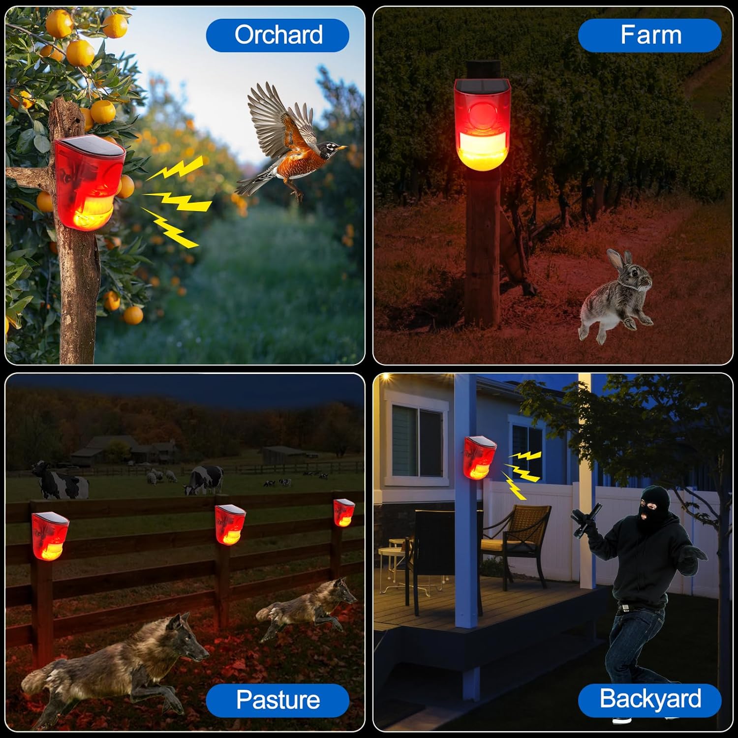 Solar Motion Sensor Detector Siren Sound Alarm LED Warning Strobe Flashing Red Light Security Outdoor Waterproof Device Keep Animal Away for Home Warehouse Farm