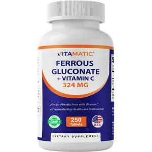 Vitamatic Ferrous Gluconate 324 mg + Vitamin C 100 mg No Artificial Color Additives Gentle on Stomach 250 Tablets Made in USA