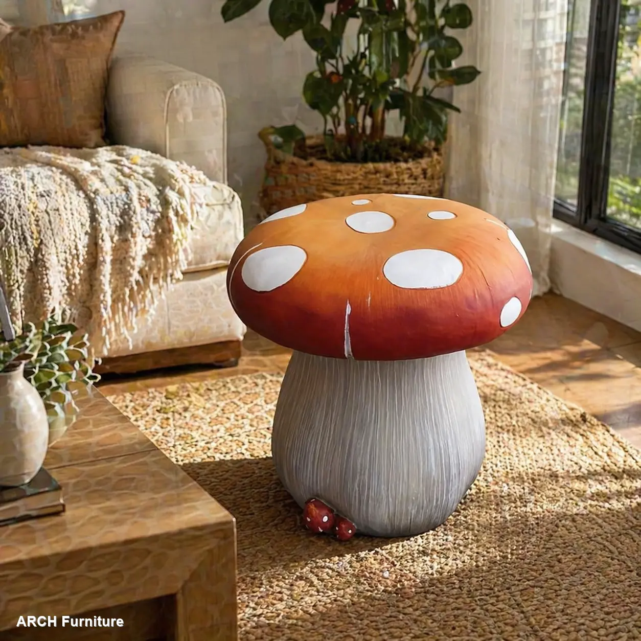 13.4" Tall Weatherproof Oversized Resin Mushroom Statue Stool with Forest Base, Art Deco Multi-Purpose Outdoor Furniture Stool for Garden Decor, Backyard Decor, Courtyard Use, Outdoor Decor