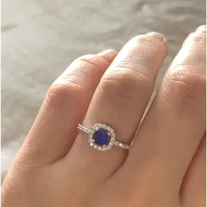 Square Halo Round Cut Blue Sapphire Ring