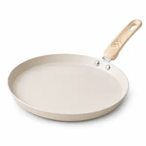Cream Ceramic Nonstick Frying Pan Set, Wood-Look Handle Skillet for Eggs, Pancakes & Crepes