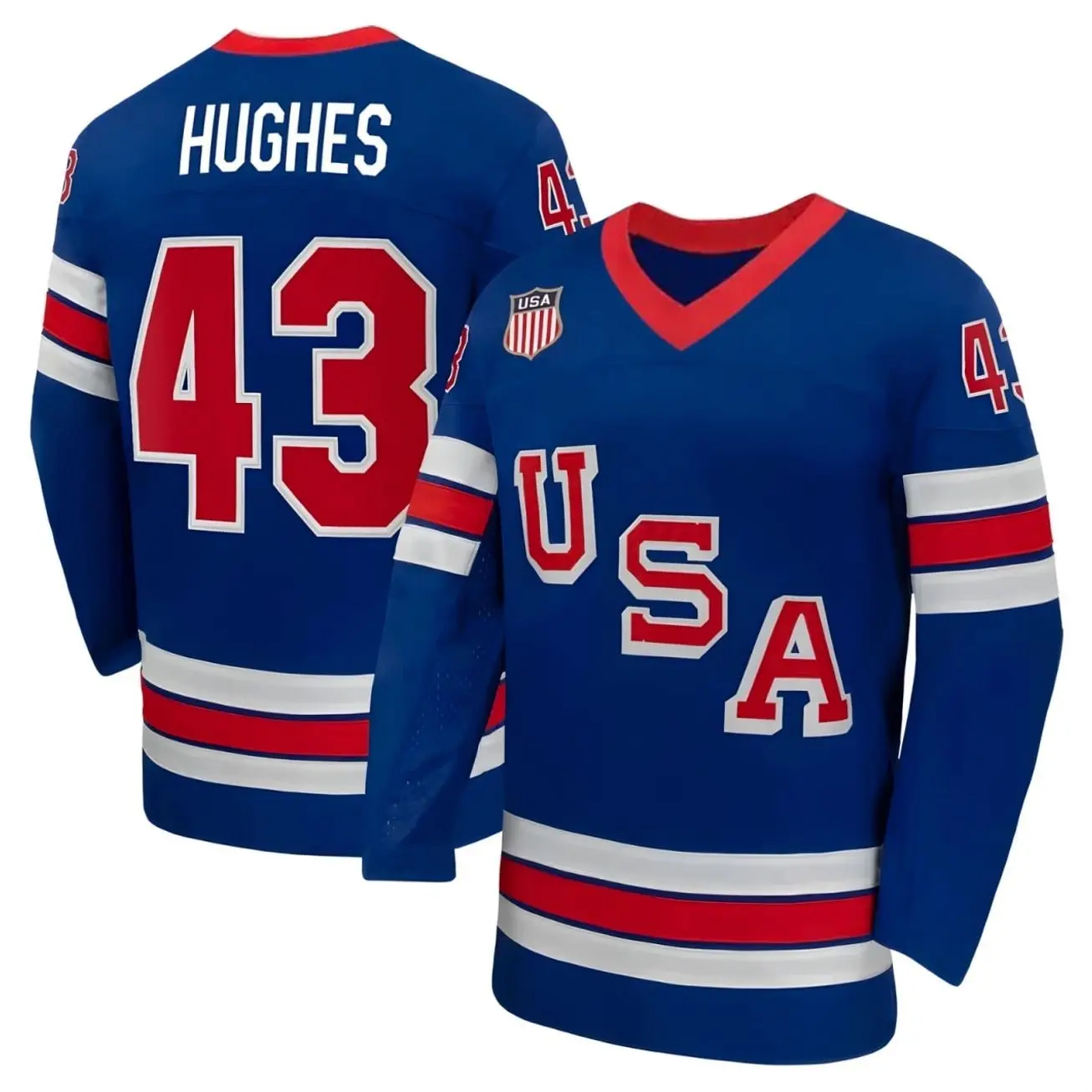 #43 Hughes Team USA 2026 Winter Olympics Blue Print Hockey Jersey - Mesh Fabric, Athletic Top, Fitness Apparel, Workout/Streetwear, Sizes S-5XL, Polyester Clothes, Unisex, Moisture-Wick, Machine Wash, Breathable, Team Print