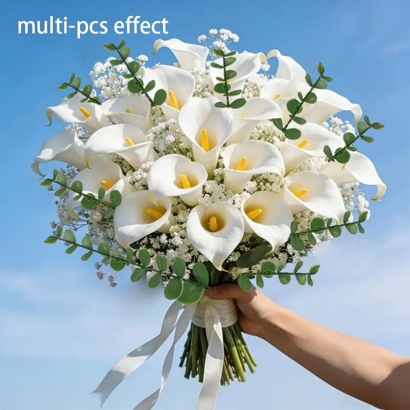 Artificial home decoration bouquet with white calla lilies, white baby's breath, and eucalyptus leaves, suitable for major holidays such as Valentine's Day and Easter, weddings, home, and office outdoor gardens Artificial Flower Bouquets