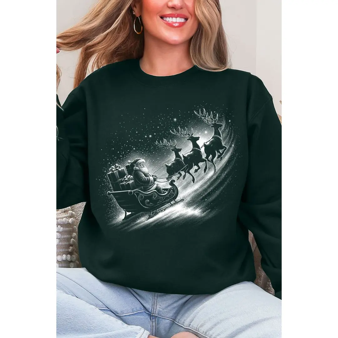 Hanes Vintage Santa Sleigh Ecosmart Crewneck Sweatshirt Long Sleeve Womenswear Soft Sustainable Christmas Graphic