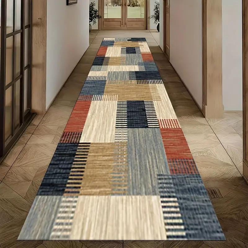 1 Bohemian Plaid Runner Rug - Stone Base Color, Anti-Slip, Hardwood Floor, Mat-Style, Mixed Material, Modern Design, Multi-area Decorative Rug for Hallway, Bedroom, Anti-Slip Mat Runners, Hardwood Floor Runners