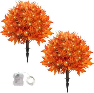 Sunnyglade 27" Set of 2 Artificial Maple Topiary Trees with 100 LED Lights, Fall Decor Maple Tree with Ground Spike, Lighted Fake Plant for Indoor Outdoor Harvest Halloween Thanksgiving Day