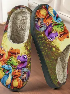 Cartoon Dinosaur Cluster Cotton Slippers, Fun Jurassic Style, Plush Lined Anti-Slip Thick Sole, Home Casual Footwear for Kids Fall & Winter, Dinosaur Pattern Slippers, Indoor Slippers