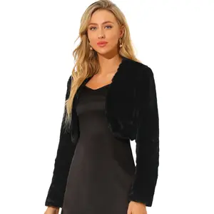 Allegra K Women's Cropped Open Front Collarless Long Sleeve Wedding Gown Faux Fur Jacket Medium Black