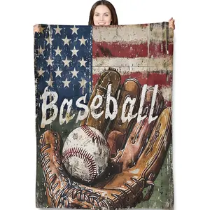 Baseball Throw Blanket for Adults Kids, 50x60 in, Vintage American Flag Baseball Theme Flannel Blankets for Bedroom, Couch, Travel, Home Decor, Fuzzy Soft Cozy Warm Gifts