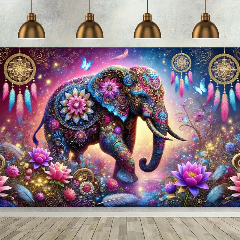 Vibrant Elephant Floral Dreamcatcher Wall Tapestry - 243.84x182.88cm Polyester Asian Style Artwork Print Arch Backdrop, Artificial Lotus & Butterfly Mandala Design, Bohemian Home Decor for Living Room, Bedroom, Arch Backdrop Tapestries, Artificial Lotus T