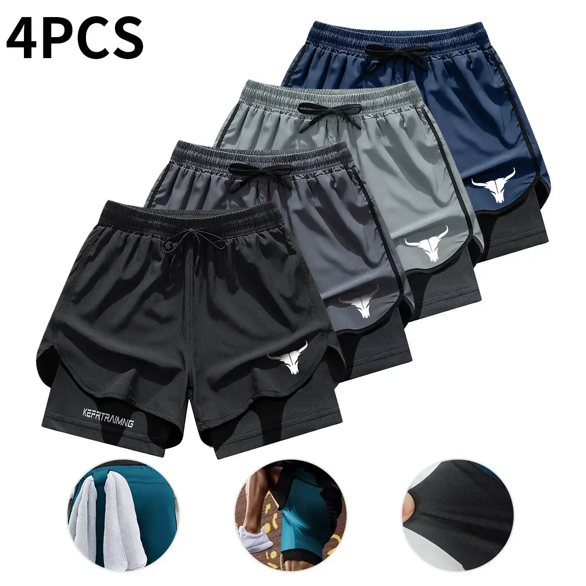 Men’s 2‑in‑1 double‑layer quick‑dry shorts with inner pockets, available in a 4‑pack, suitable for summer gym workouts and training.,summerwins summerwins black