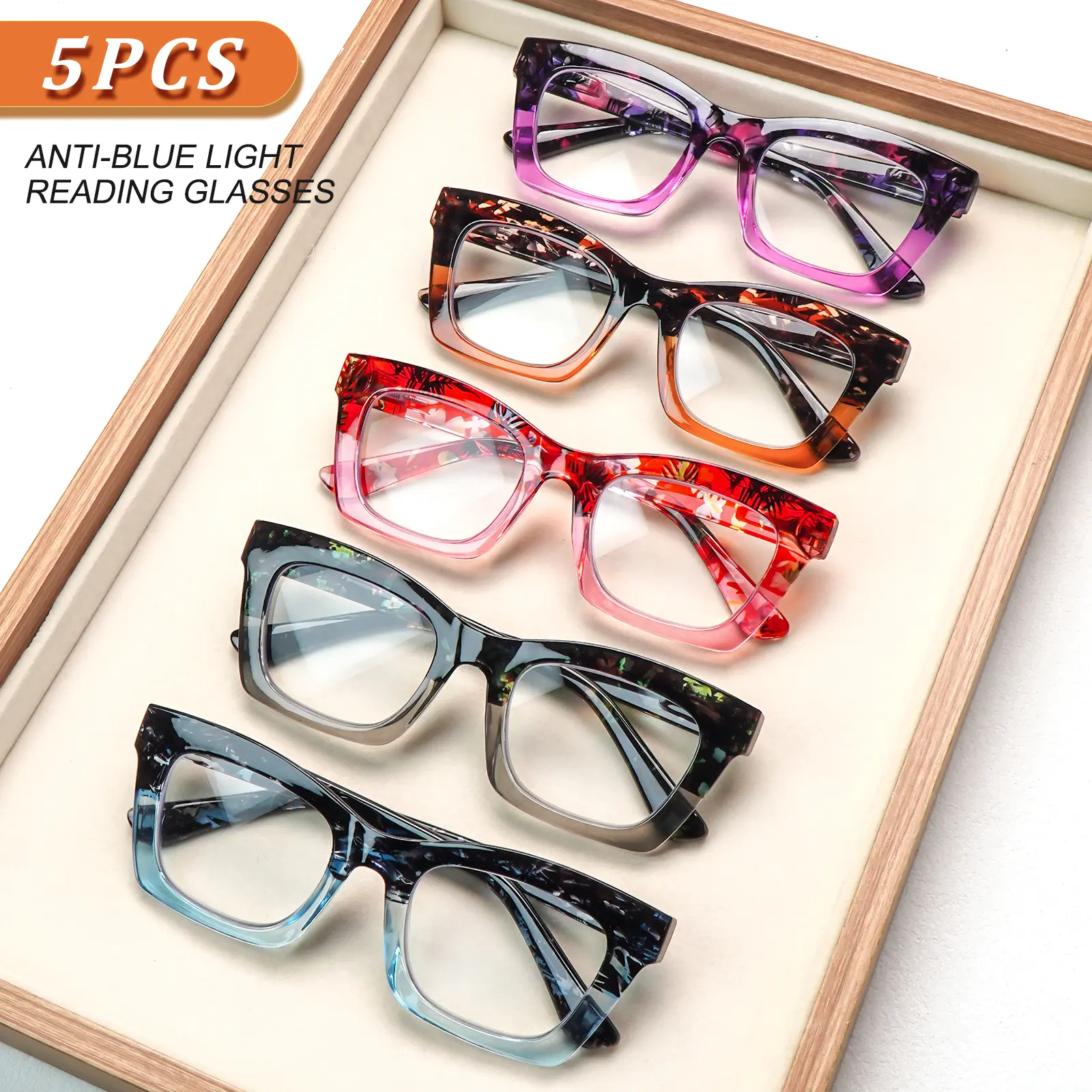 5 Packs  Blue Light Blocking Reading Glasses Designed Specifically for Women. Featuring  stylish oversized frame with spring hinges,suit various face shapes,offer comfortable wear.Ideal for daily commutes and computer work.The perfect holiday gift choice