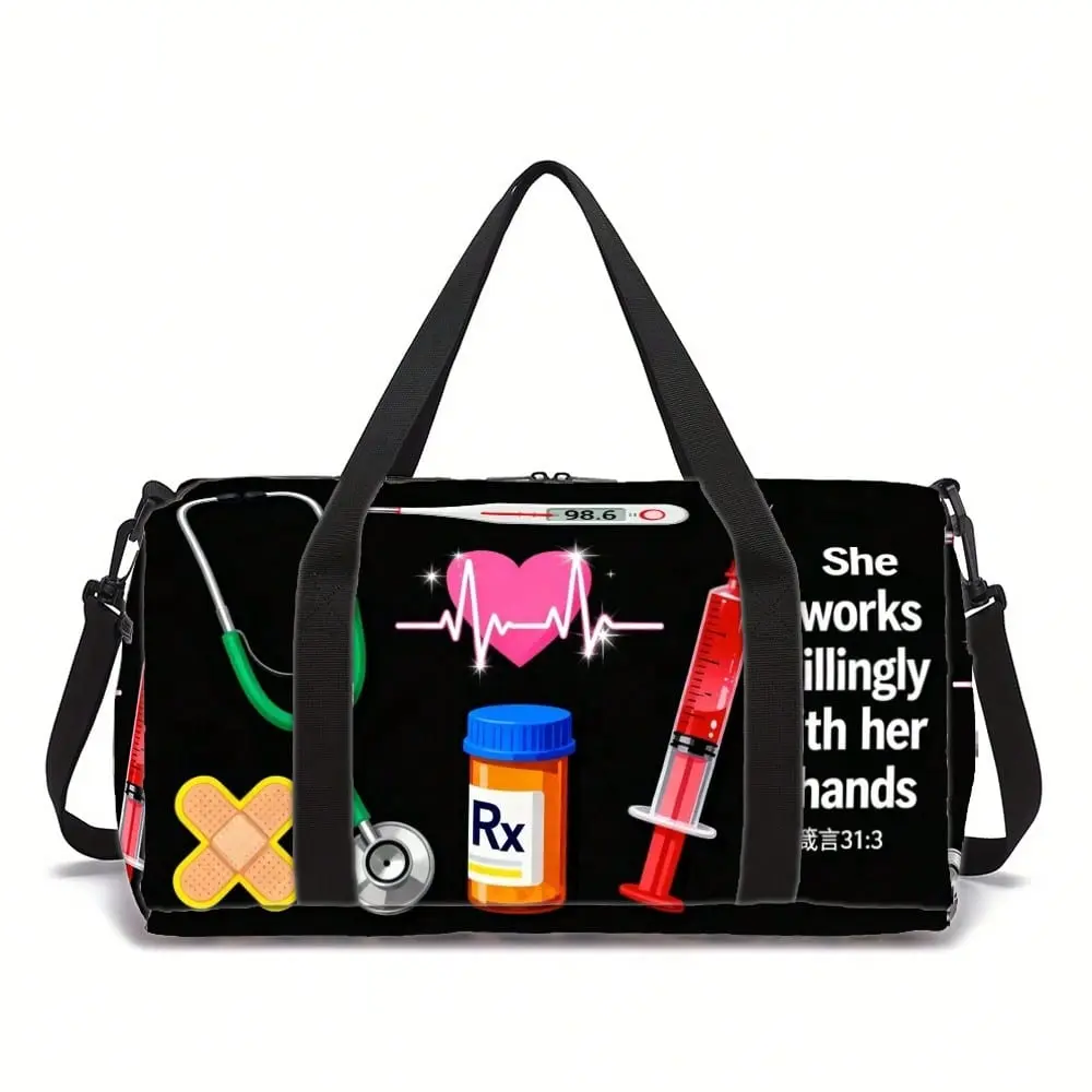 Nurse Print Polyester Travel Bag, Large Capacity Unisex Duffel for Gym & Yoga with Pockets, Adjustable Strap & Trolley Sleeve, Poly Travel Bags, Sport-Themed Travel Bags