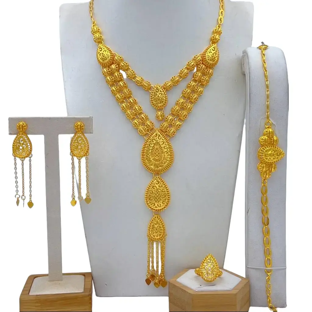 Vintage Gold Jewelry Set for Women, 4-Piece Hollow Filigree Dubai Style with Tassel Pendant Necklace, Earrings, Adjustable Bangle & Ring, Pendant Necklace Set, Gold Jewelry Sets