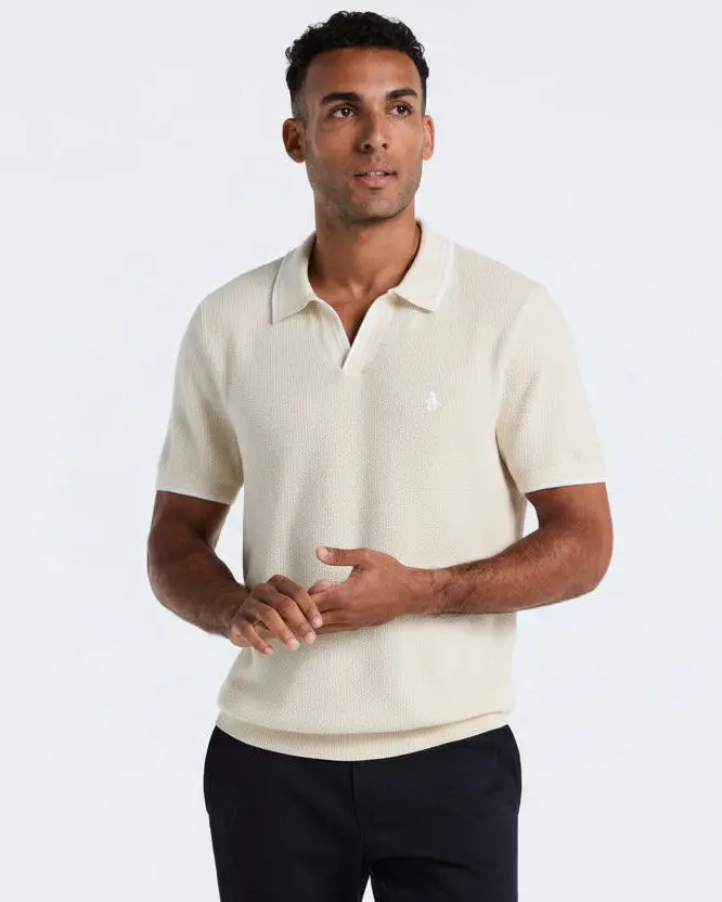 AN ORIGINAL PENGUIN BY MUNSINGWEAR Men's Short Ribbed Embroidered Textured Johnny Collar Menswear Polo Shirt