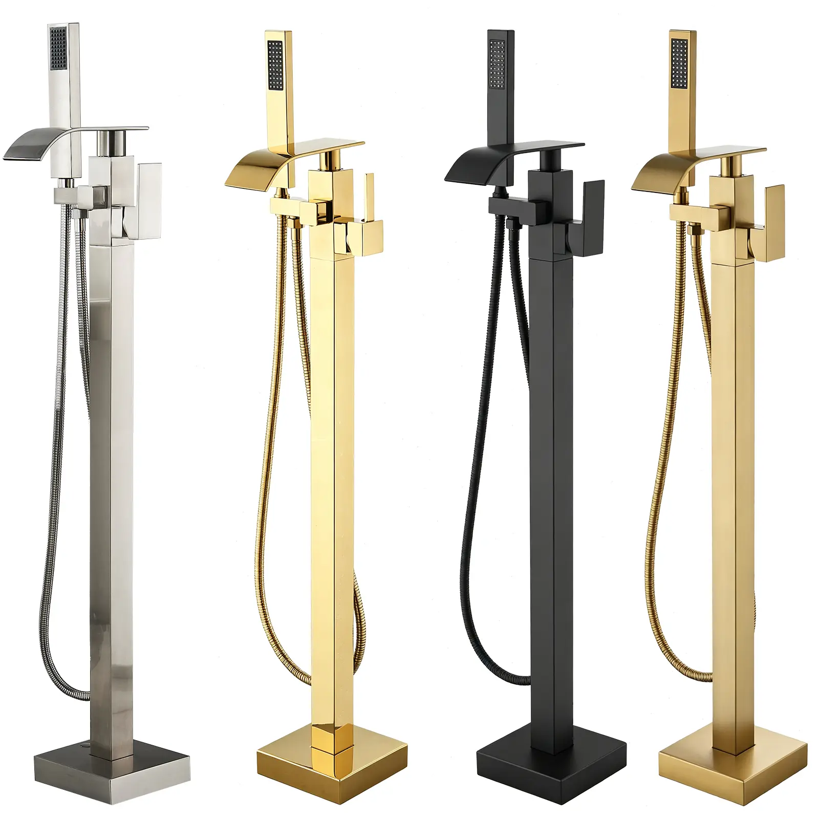 Freestanding Bathtub Faucet with Handheld Sprayer, Floor Mount Tub Filler, High Flow Waterfall Brass Bath Shower Faucet for Modern Bathroom,Matte Black,Brushed Nickel,Chrome,Gold,Brushed Gold