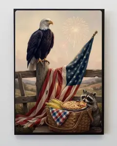 Americana 4th of July Poster, Patriotic USA Flag Wall Art, Vintage Independence Day Print, Red White Blue Freedom Decor