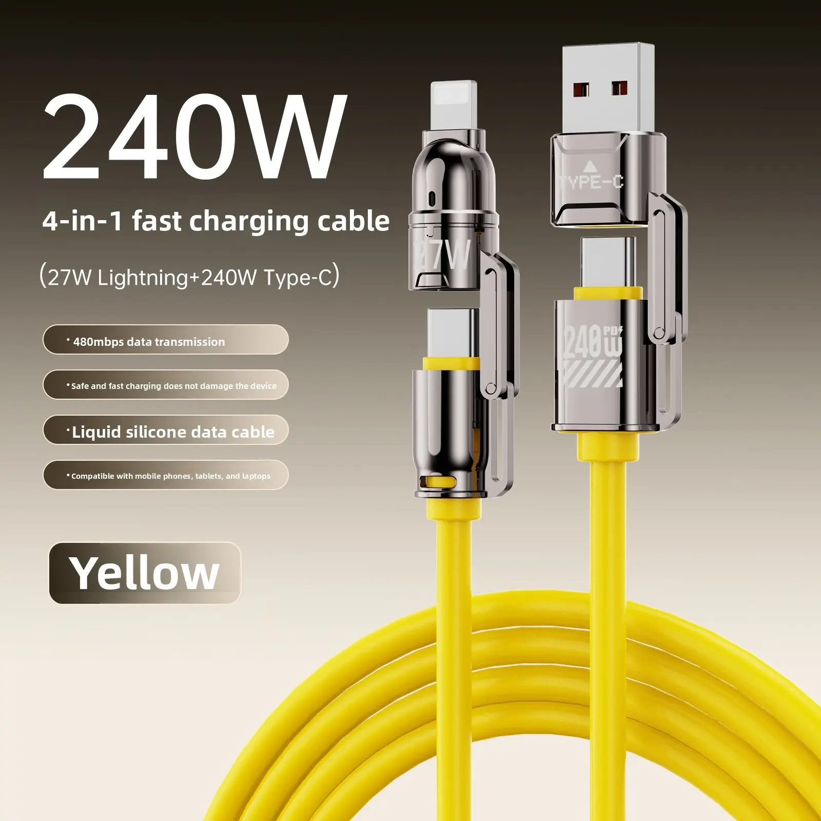 240W Fast Charger Set with Super Soft Liquid Silicone Data Cable - 3.9FT 4-in-1 USB A+Type C Sync Cable, Alloy Aluminium Digital Port Metal Protection Adapter for Lightning Mobile Phones & Tablets
