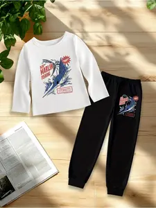 2 Pieces Boys' Casual Fashion Long Sleeve T-Shirt & Sweatpants Set, Blue Marlin Pattern Print, Stylish Daily Wear for Autumn Winter