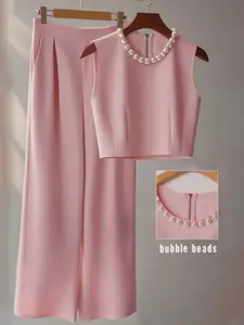 Two-Piece Set, Round Neck Top with Bead Design, Stylish Upper and Bottoms, Fashionable for Women, Comfortable and Trendy, Cozy Set