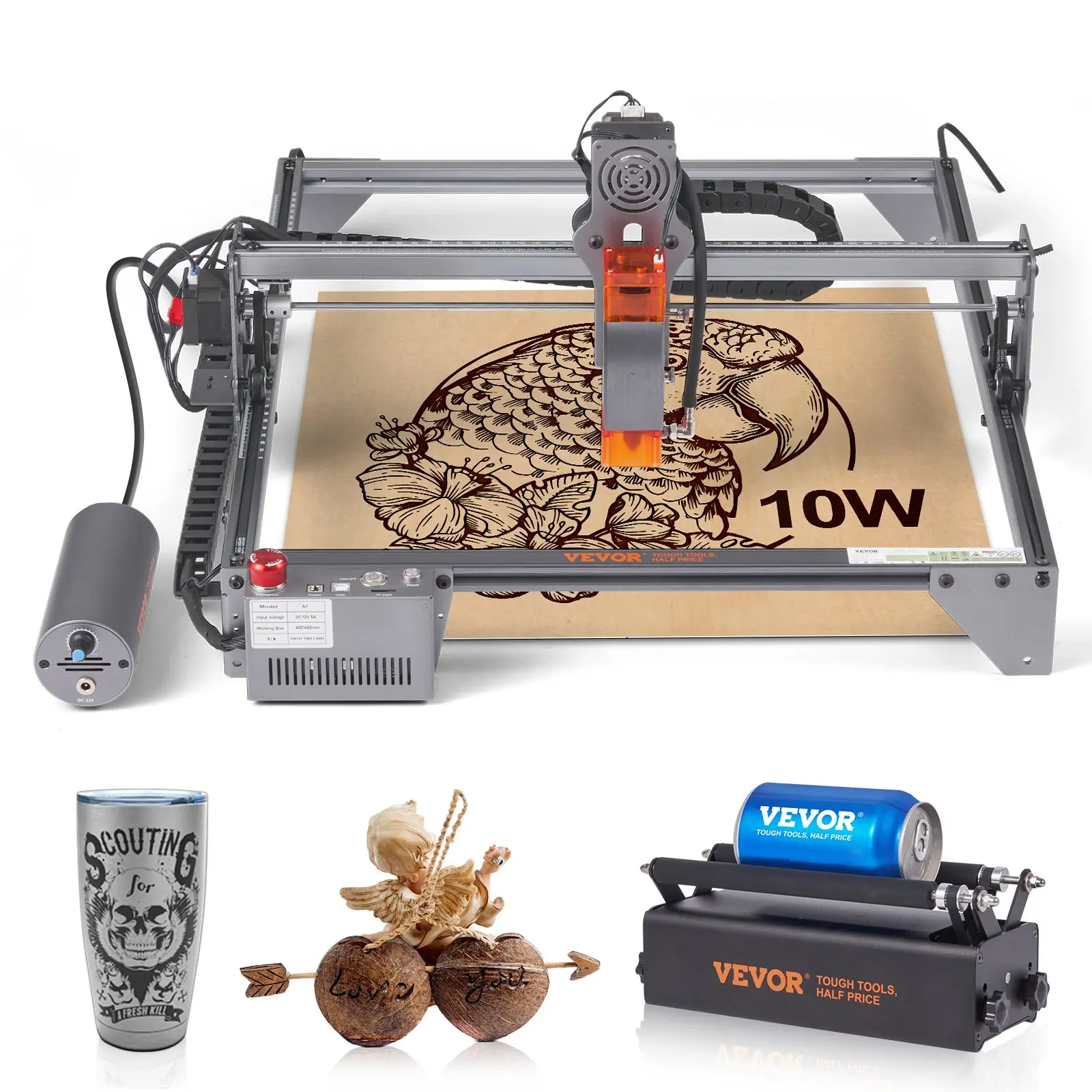 VEVOR Laser Engraver, 10W Output Laser Engraving Machine, 15.7x 15.7 Large Working Area, 10000mm/min Movement Speed, Compressed Spot with Rotary Roller, Laser Cutter for Wood, Certain Metal