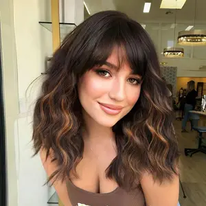 Black Mixed Brown Highlights Short Wavy Curly Wig with Bangs, Natural Looking Synthetic Hair Wigs, Heat Resistant Fiber Wig for Daily Party, Stylist Friendly Wig, Synthetic Wavy Hairstyle