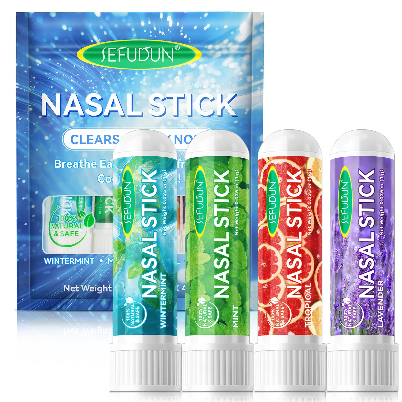 SEFUDUN nasal decongestant sticks, 4 pieces, natural herbal ingredients, 4 kinds of fragrance, refreshing and relieve nasal congestion, Care Pack