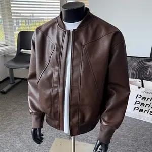 Men's Windproof Leather Jacket with Zipper Closure Solid Color Sport Style Pilot Motorcycle Model Multi-functional Outerwear Collared Neck Long Sleeve Fitted Casual Coats