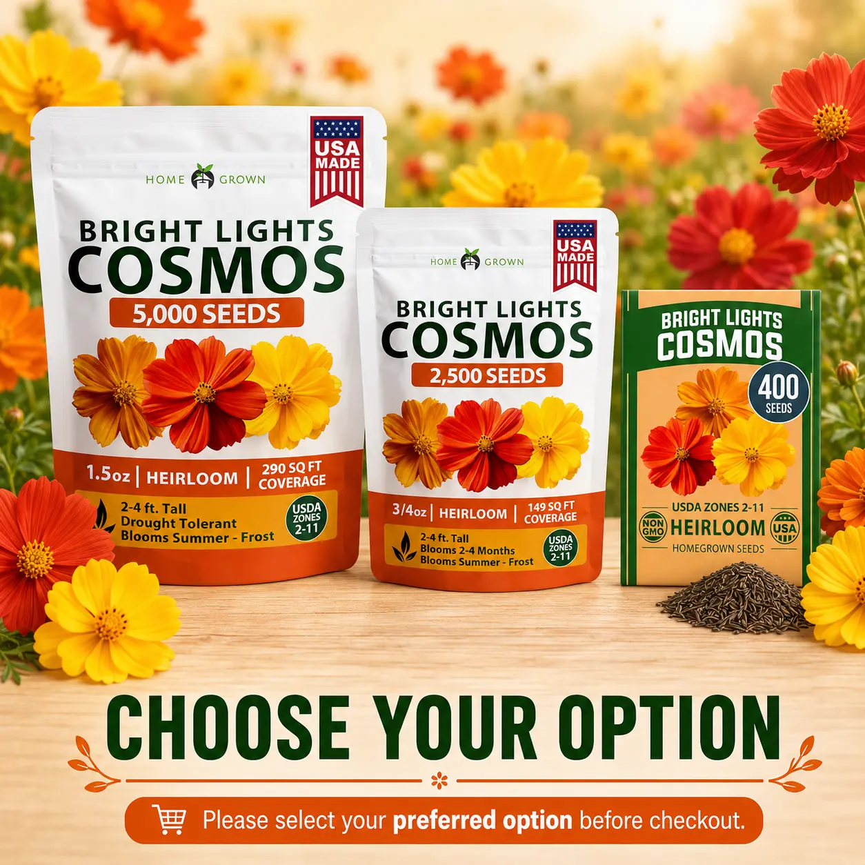 Bright Lights Cosmos Sulphureus Annual Flower Seed Packets – Easy-to-Grow, Heat-Tolerant Wildflower Seeds for Beginner Gardeners, Full Sun Outdoor Plants, Compact Blooms, Pollinator Gardens & Cut Flowers