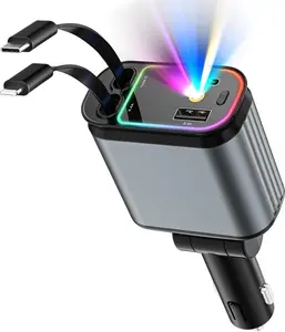 Retractable 4-in-1 Car Charger 66W Fast Charger with Starry Sky Projector Light PD Super Fast Charging USB Adapter for iPhone Samsung LED Ceiling Light Design