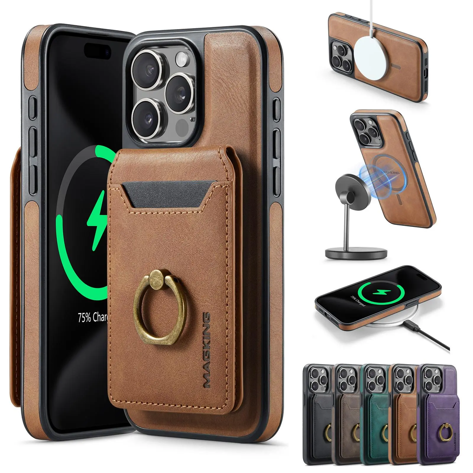 2-in-1 high-end luxury ring leather magnetic card bag MagSafe can be used as a stand phone case for iPhone 17 Pro Max 17 Air 16 Pro Max 15 14 Plus 13 12 11 Pro Max all inclusive anti fall protective case supporting wireless charging Casing