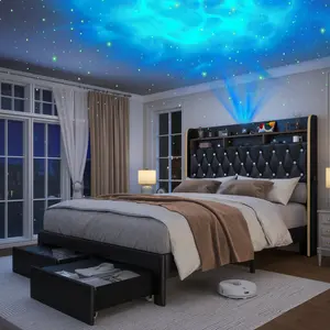 [SummerVibes] Queen LED Bed Frame with Galaxy Star Projector, Built-in Speaker & Charging Station, Luxury Upholstered Platform Bed with 2 Storage Drawers & 2-Tier Headboard, Noise-Free Modern Bedroom Furniture, Black