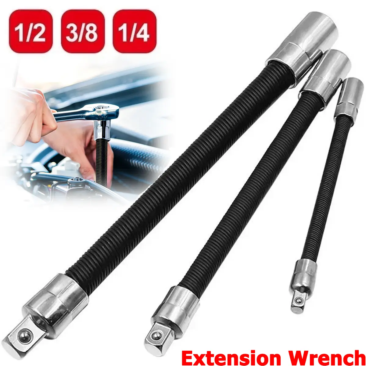 3-Piece Flexible Socket Extension Bar Set, 1/2"-1/4"-3/8" Shaft Drive, 10"-8"-6" Lengths, Standard Hand Tool Socket Set for Hardware Repairs