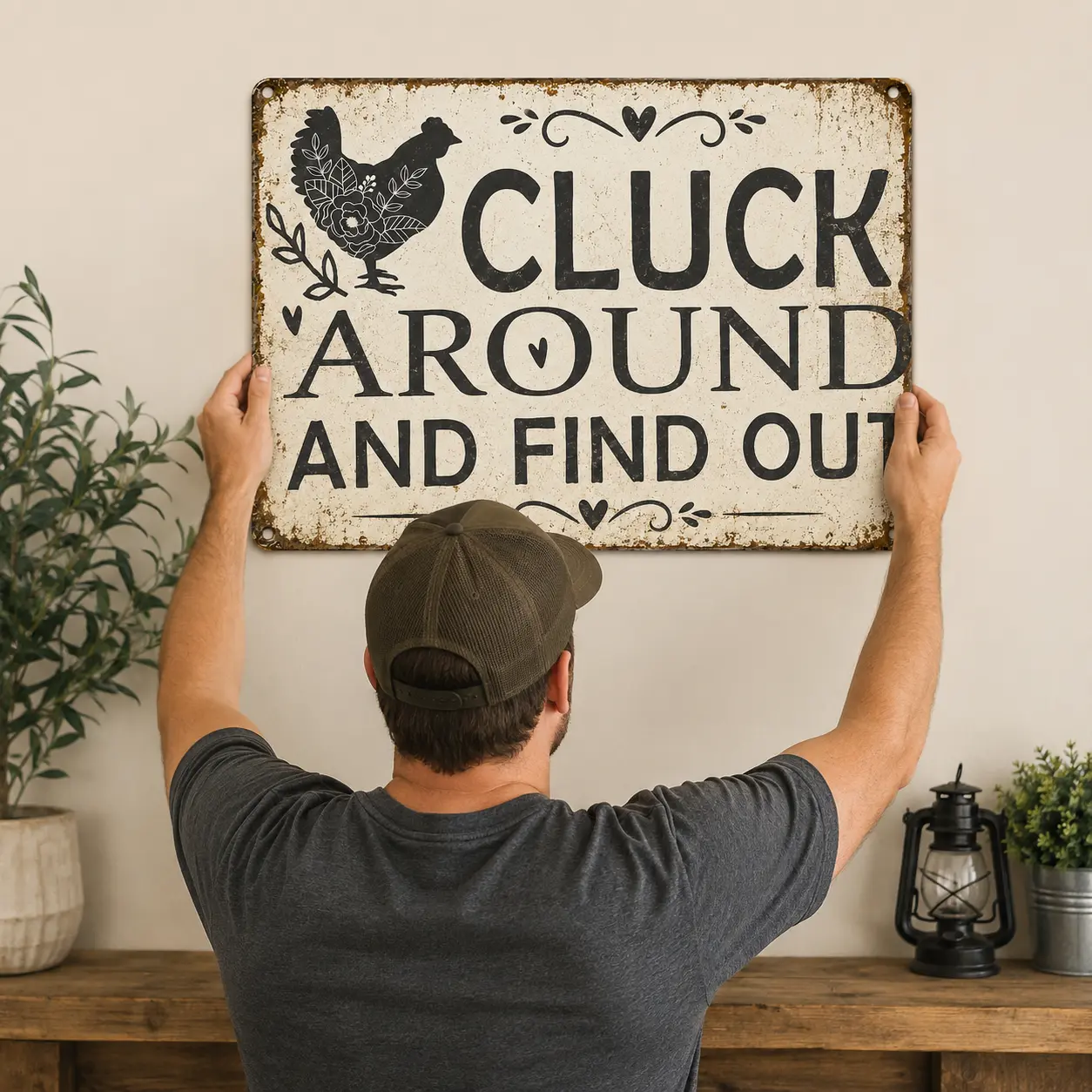 Vintage Cream Floral Print "Cluck Around and Find Out" Chicken Aluminum Sign, 11.81x7.87in Lightweight Rustic Home Decor Plaque, Funny Hen Decoration for Chicken Coop, Garden Signs Gift, Farmhouse Room Decor